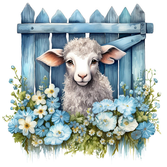 Light Blue Farm Animals Fabric Panel 10 showing a lamb behind a blue wooden fence surrounded by blue and white flowers.