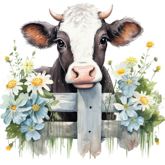 Light Blue Farm Animals Fabric Panel 11 with a watercolor cow behind a rustic fence surrounded by blue and yellow flowers.