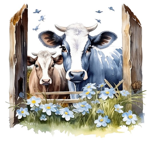 Light Blue Farm Animals Fabric Panel 12 featuring a detailed illustration of two cows behind a rustic wooden fence with blue flowers and birds.