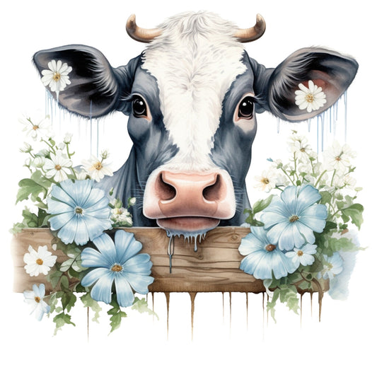Light Blue Farm Animals Fabric Panel 13 featuring a detailed cow with blue and white flowers and rustic wooden fence background.