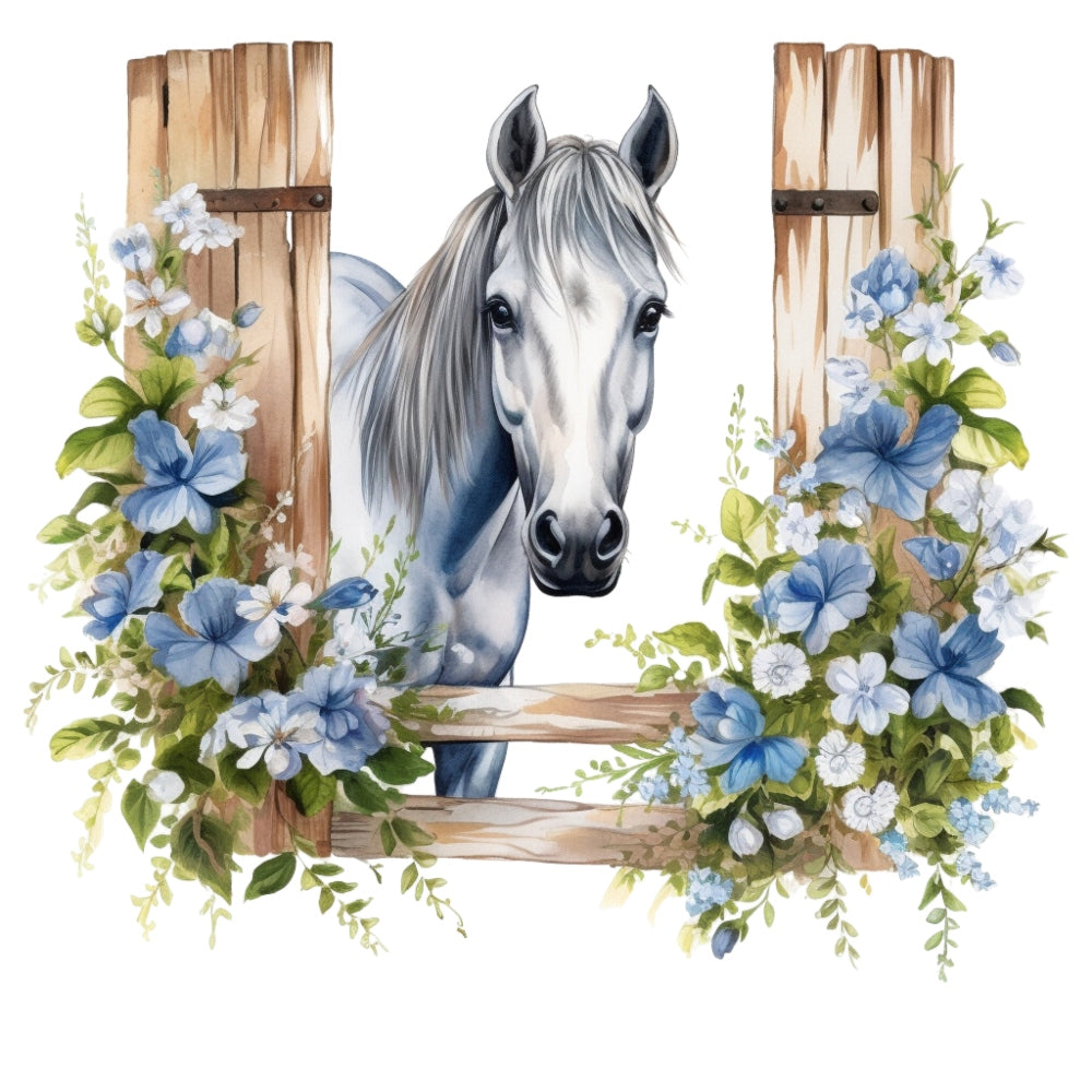 Light Blue Farm Animals Fabric Panel 15 featuring a white horse peeking through a rustic wooden gate with blue and white flowers.