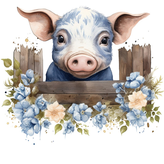 Light Blue Farm Animals Fabric Panel 16 featuring a cute piglet behind a wooden fence with blue and cream flowers.