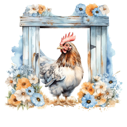 Light Blue Farm Animals Fabric Panel 17 with a detailed hen standing amid rustic blue and orange flowers and wooden gate.