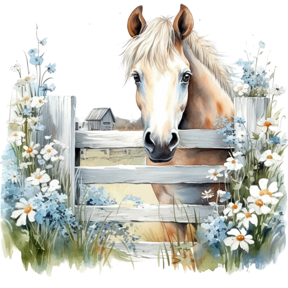 Light Blue Farm Animals Fabric Panel 18 featuring a detailed horse behind a white fence with blue and white flowers around