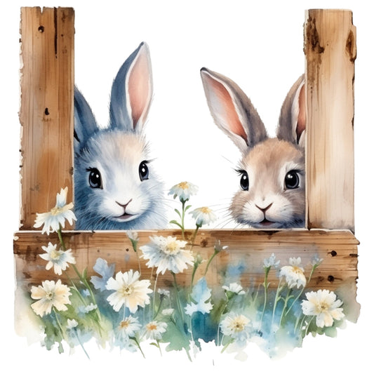 Light Blue Farm Animals Fabric Panel 19 featuring two adorable bunnies peeking through a rustic wooden fence with white flowers.