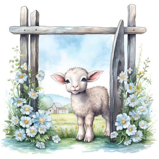 Light Blue Farm Animals Fabric Panel 2 featuring a cute lamb standing by a rustic wooden gate surrounded by blue flowers.