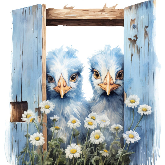 Light Blue Farm Animals Fabric Panel 20 featuring two fluffy chicks peeking through rustic blue wooden fence with daisies.