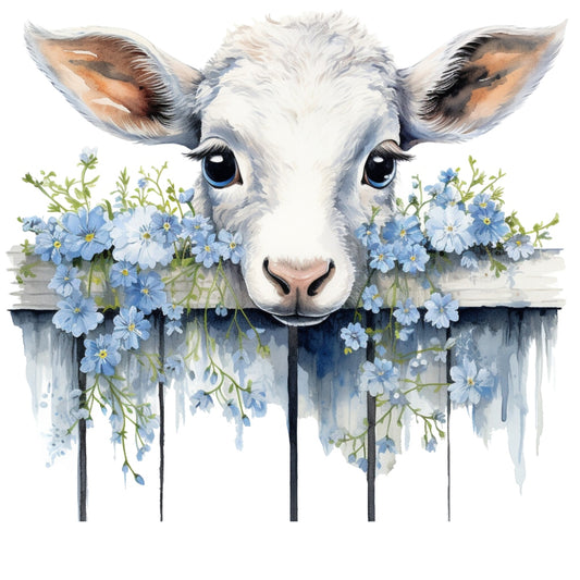 Light Blue Farm Animals Fabric Panel 3 featuring a close-up of a lamb with blue flowers on a weathered wooden fence background.
