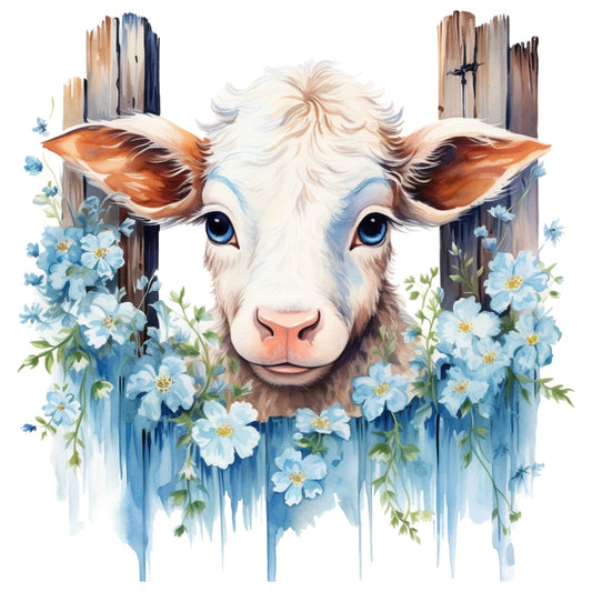 Light Blue Farm Animals Fabric Panel 4 featuring a detailed calf face with blue flowers and rustic wooden fence elements.