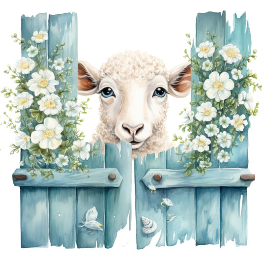 Light Blue Farm Animals Fabric Panel 5 featuring a sheep peeking through a rustic blue fence with white flowers.