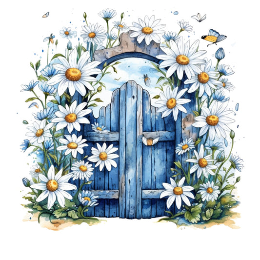 Light Blue Farm Animals Fabric Panel 6 featuring a rustic blue wooden gate surrounded by blooming daisies and butterflies.