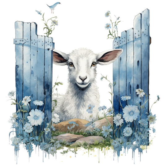 Light Blue Farm Animals Fabric Panel 7 with a white lamb peeking through rustic blue wooden gate surrounded by blue flowers and greenery