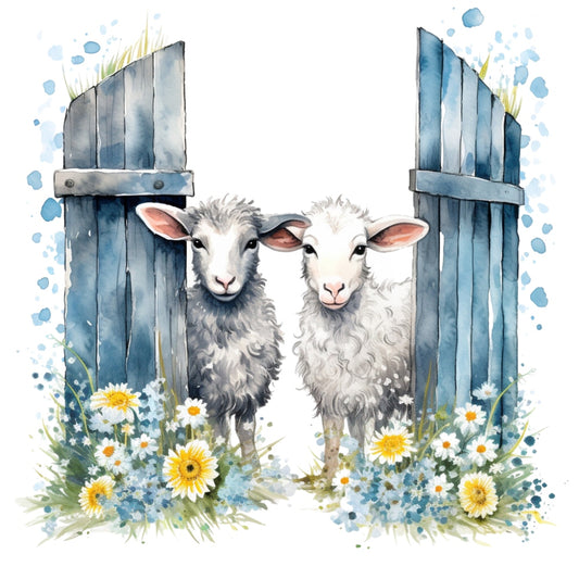 Light Blue Farm Animals Fabric Panel 8 featuring two sheep standing between rustic blue farm gates with wildflowers in watercolor style.