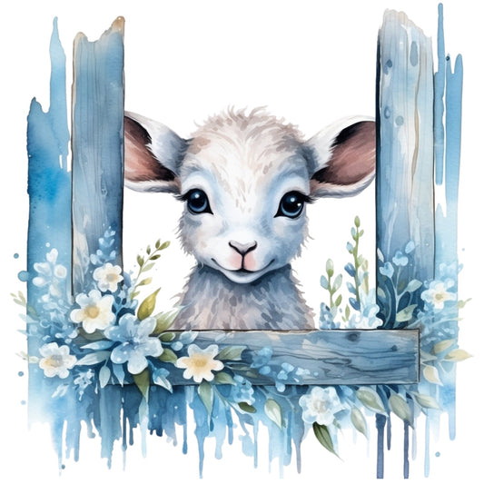 Light Blue Farm Animals Fabric Panel 9 featuring a watercolor baby lamb framed by blue rustic wood and floral accents.