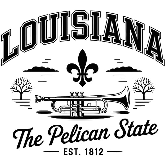 Louisiana Black and White Fabric Panel featuring trumpet, fleur-de-lis, trees, and text "The Pelican State Est. 1812" in black on white.