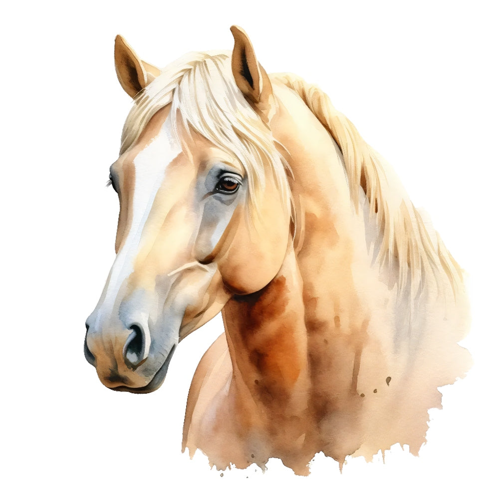 Majestic Horse Fabric Panel 28 showing detailed watercolor portrait of a proud light brown horse head with flowing mane on white background.