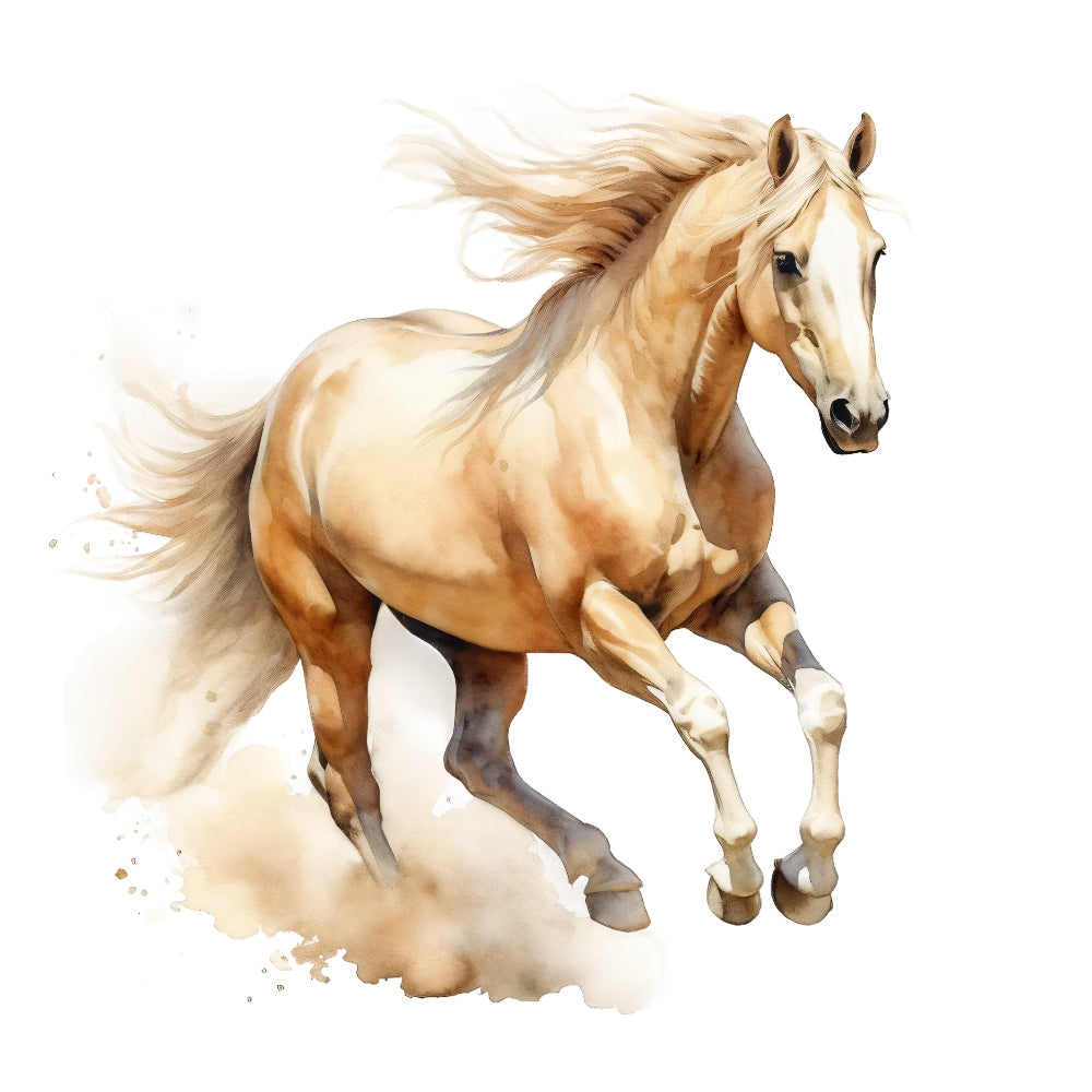 Majestic Horse Fabric Panel 29 featuring a galloping light brown horse printed on premium quilting cotton.