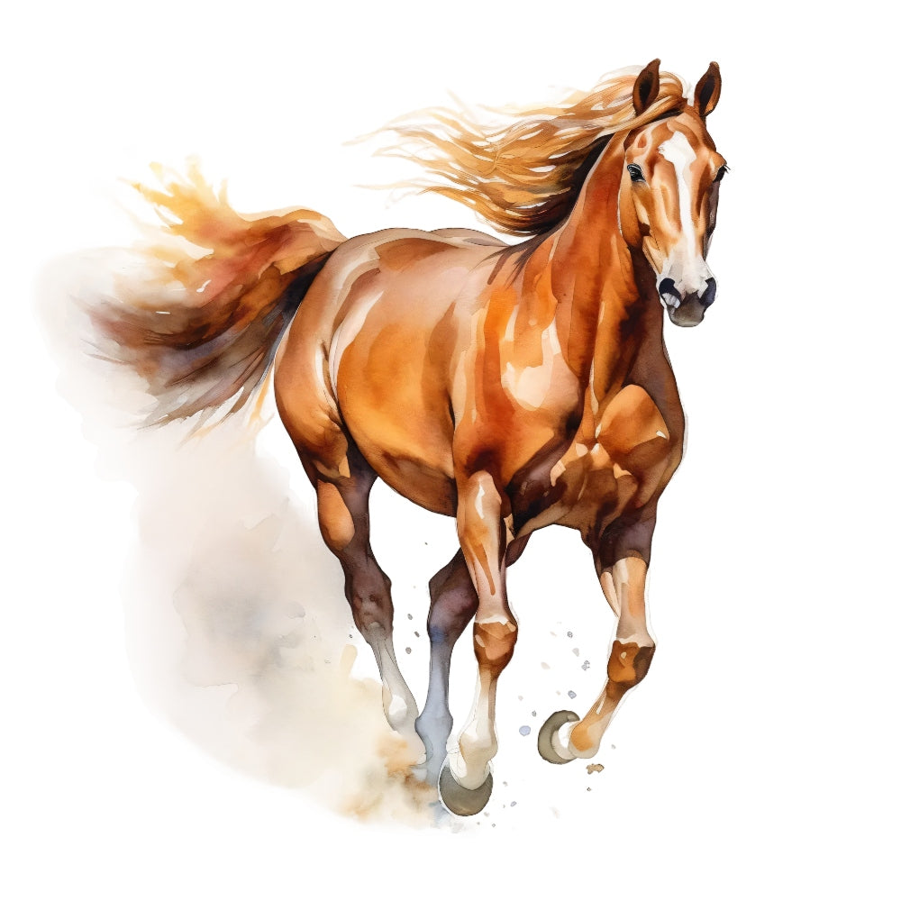 Majestic Horse Fabric Panel 36 features a vibrant, detailed watercolor of a galloping chestnut horse with flowing mane.