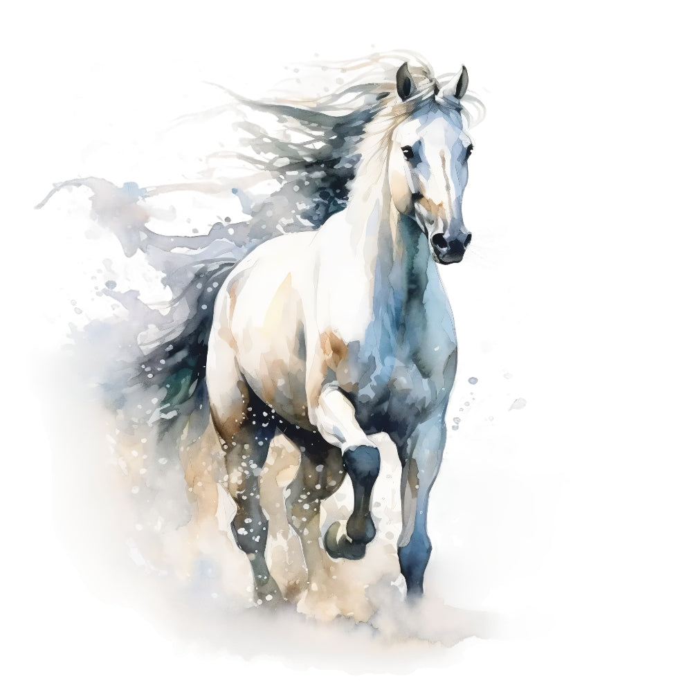 Majestic Horse Fabric Panel 39 features a dynamic white horse in motion, printed on premium quilting cotton.