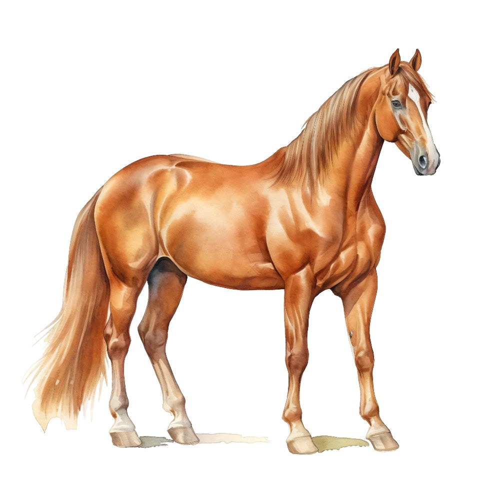 Majestic Horse Fabric Panel 7 features a detailed realistic illustration of a shiny chestnut horse on premium quilting cotton.