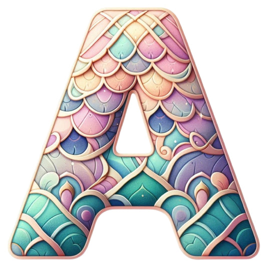 Mermaid Letter A Fabric Panel featuring intricate pastel scales and waves printed on premium quilting cotton in the USA.