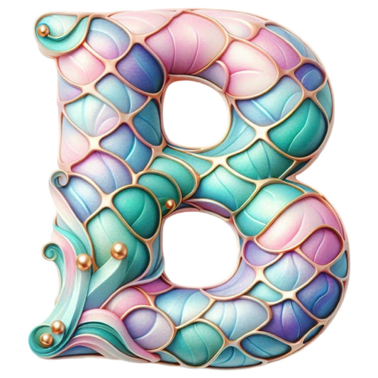Mermaid Letter B Fabric Panel featuring intricate pastel scales in teal, pink, and purple, printed on premium quilting cotton.