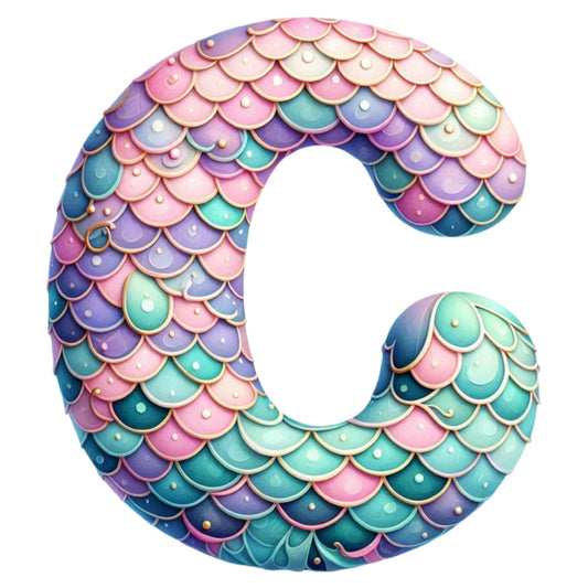 Mermaid Letter C Fabric Panel featuring colorful pastel mermaid scales printed on premium quilting cotton in the USA.