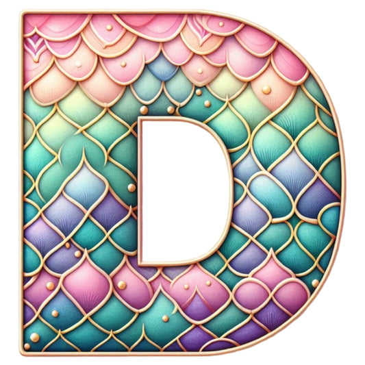 Mermaid Letter D Fabric Panel featuring colorful mermaid scale pattern on premium quilting cotton, proudly printed in the USA.