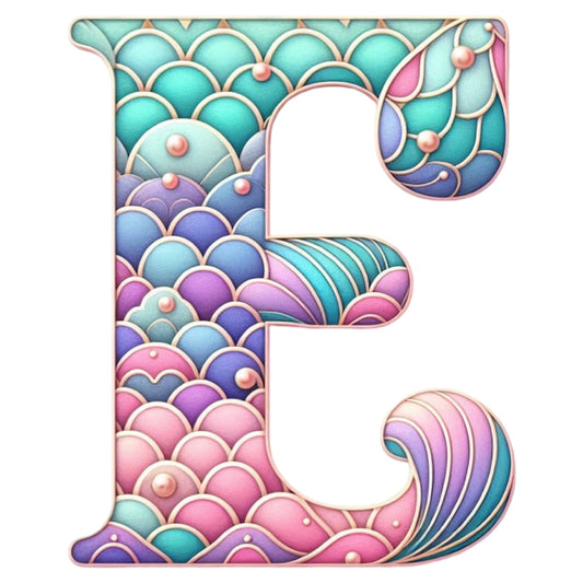 Mermaid Letter E Fabric Panel featuring colorful mermaid scale patterns printed on premium quilting cotton.
