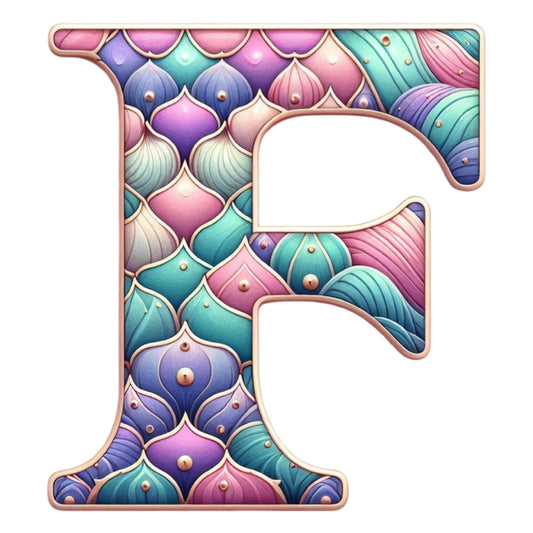 Mermaid Letter F Fabric Panel featuring colorful seashell patterns in pastel shades on premium quilting cotton.