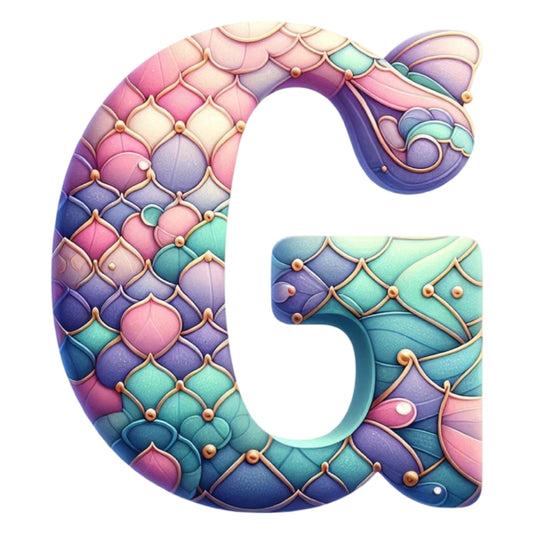 Mermaid Letter G Fabric Panel featuring vibrant scales in pastel blues, purples, and pinks on premium quilting cotton.