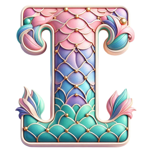 Mermaid Letter I Fabric Panel featuring a colorful mermaid scale pattern in pastel pink, blue, and teal quilting cotton design.