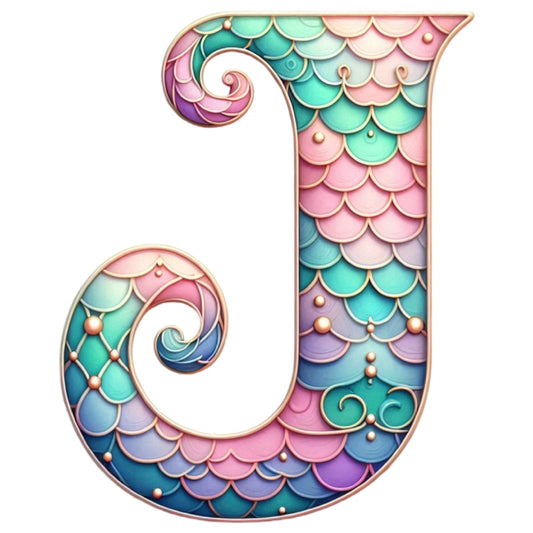 Mermaid Letter J Fabric Panel featuring colorful mermaid scale design on premium quilting cotton, proudly printed in the USA.