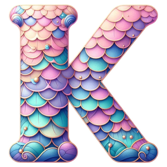 Mermaid Letter K Fabric Panel with colorful pastel mermaid scales design on premium quilting cotton fabric.