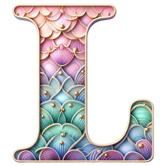 Mermaid Letter L Fabric Panel with detailed pastel scales pattern in pink, purple, teal, and blue printed on premium cotton.