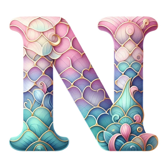 Mermaid Letter N Fabric Panel featuring premium quilting cotton with intricate pastel mermaid scale and floral design, USA printed.