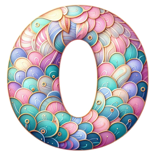 Mermaid Letter O Fabric Panel featuring colorful pastel mermaid scale patterns on premium quilting cotton, printed in the USA.