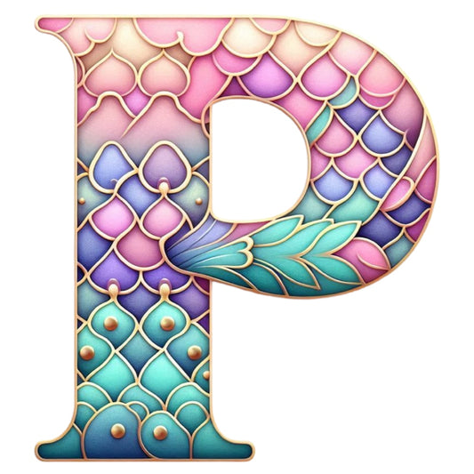 Mermaid Letter P Fabric Panel with vibrant pastel mermaid scale design printed on premium quilting cotton.