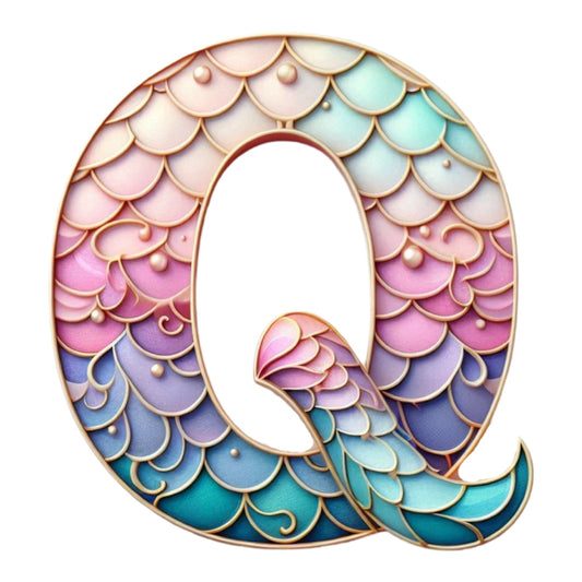 Mermaid Letter Q Fabric Panel featuring pastel mermaid scales in pink, blue, and purple on premium quilting cotton.