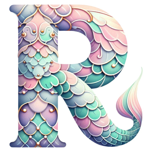 Mermaid Letter R Fabric Panel with colorful scales and tail design printed on premium quilting cotton in the USA.