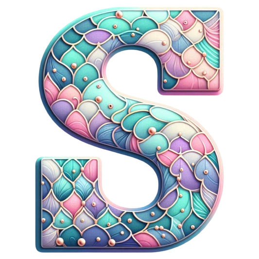 Mermaid Letter S Fabric Panel featuring colorful mermaid scale design in pastel tones on premium quilting cotton fabric.