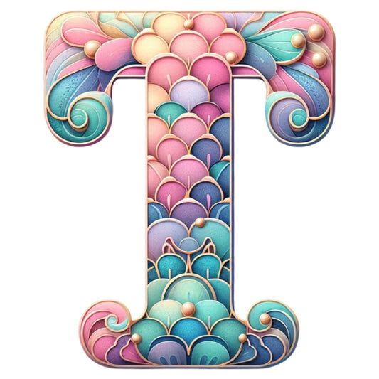 Mermaid Letter T Fabric Panel with colorful pastel mermaid scales and swirls printed on premium quilting cotton.