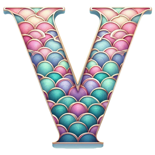 Mermaid Letter V Fabric Panel with colorful mermaid scale pattern in pastel pink, blue, teal, and purple on quilting cotton.