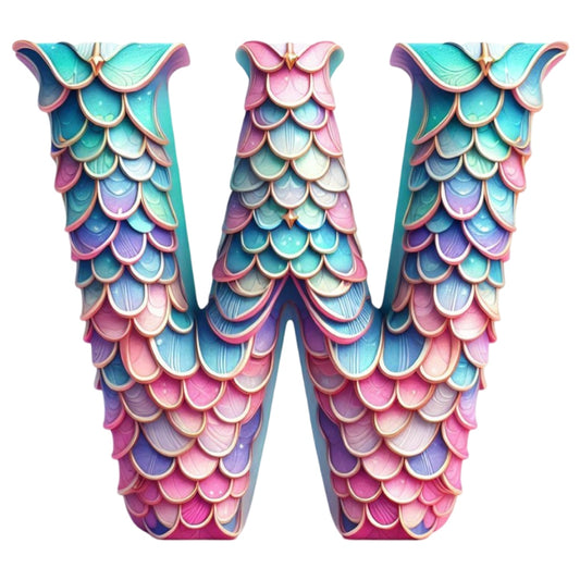 Mermaid Letter W Fabric Panel featuring pastel mermaid scales in pink, blue, and purple hues with intricate texture design.