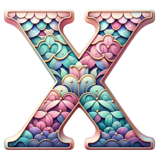 Mermaid Letter X Fabric Panel featuring intricate floral and scale patterns in vibrant pastel colors on premium quilting cotton.