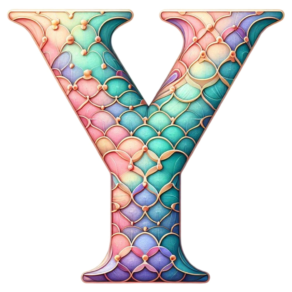 Mermaid Letter Y Fabric Panel featuring colorful mermaid scale pattern in pastel shades printed on premium quilting cotton.