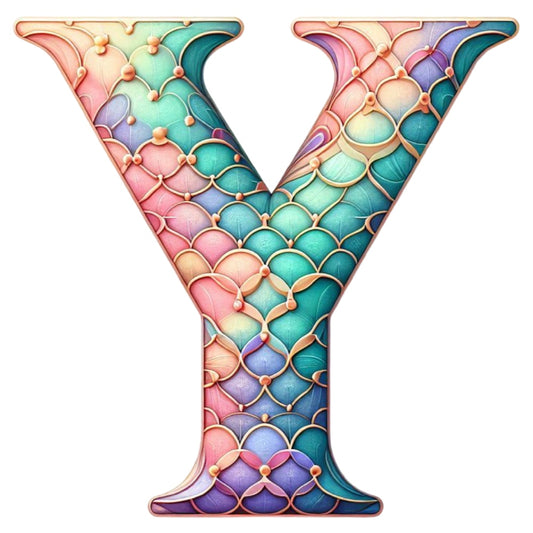 Mermaid Letter Y Fabric Panel featuring colorful mermaid scale pattern in pastel shades printed on premium quilting cotton.