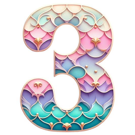 Mermaid Number 3 Fabric Panel featuring intricate pastel scale patterns in pink, teal, and purple hues on premium quilting cotton.