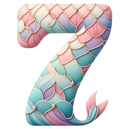 Mermaid Number 7 Fabric Panel with pastel mermaid scales in pink, blue, and teal, printed on premium quilting cotton.