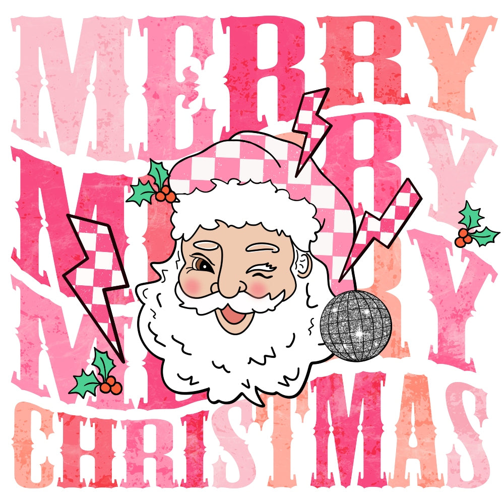 Merry Christmas Santa Wavy Fabric Panel featuring a winking Santa with pink checkered hat and festive holly on premium quilting cotton.